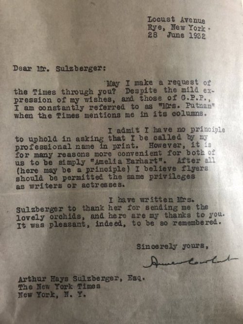 “Amelia Earhart writing to the NYT publisher in 1932 requesting that the paper stop referring to her