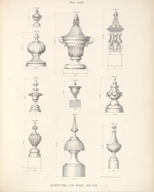 Cast iron finials, 19th C.From the Illustrations of cast iron architecture made by Architectural Iro