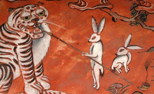 Unknown Artist - Illustration from a Korean folktale in which two rabbits narrowly avoid becoming lu