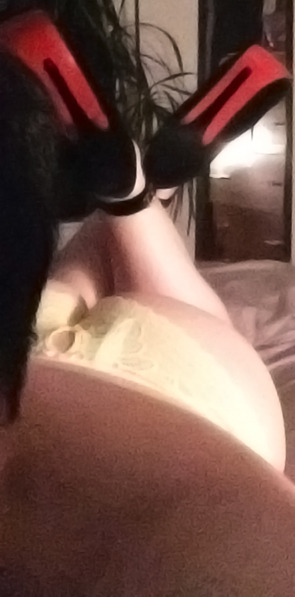 My big ol’ white booty in some lacy underwear and some slutty ass heels :-)