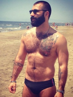 Hairy chest, legs,Beard and Mustache.