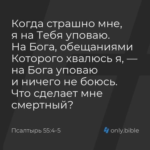 Когда страшно мне,
я на Тебя уповаю.
На Бога, обещаниями Которого хвалюсь я, —
на Бога уповаю и ничего не боюсь.
Что сделает мне смертный?
#Библия, #Псалтырь, #Псалом 55:4-5