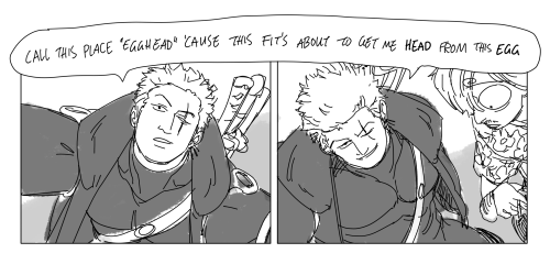Sketchy fan comic of Roronoa Zoro from One Piece wearing his outfit from the current arc taking place on Egghead, which is a skintight black bodysuit underneath a puffy black jacket. He looks upwards as if speaking to a camera and says "call this place Egghead because this fit's about to get me head from this egg" as the second panel reveals Sanji standing staring next to him with mouth open and eyes bulging.