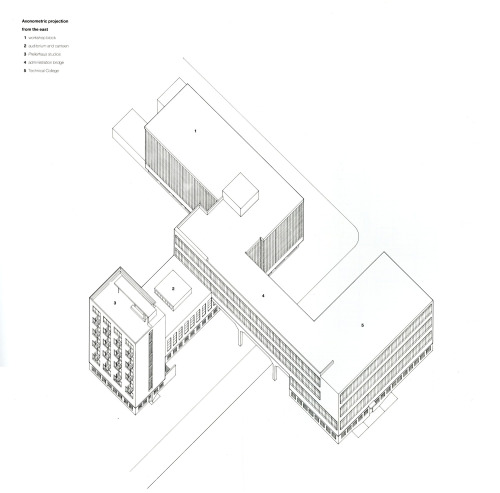 Asymmetric projection from the east, Bauhaus, Dessau, Walter Gropius, 1925-1926