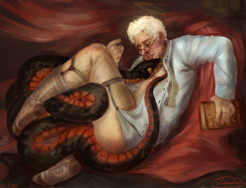 cliopadra:Aziraphale and the snake (a Good Omens repaint of Michelangelo’s Leda and the Swan)Enjoy y