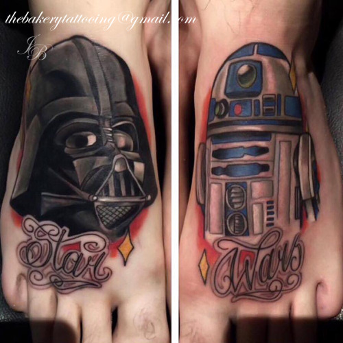 bakerytattoo:If you know me personally, or have been following my work for a while, you’ll know that Star Wars is my favourite! Loved doing these matching feet pieces on Dan. thebakerytattooing@gmail.com 