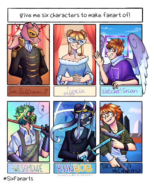 ariapmdeol:6 fanarts challenge is done!! thank you to everyone who submitted characters <33!!