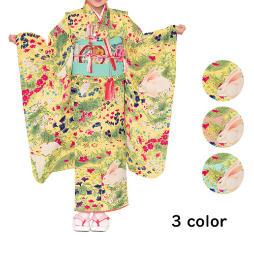 Cute bunnies and butterflies frolicking in a sunny flower field, antique girl kimono reprint by Ichi