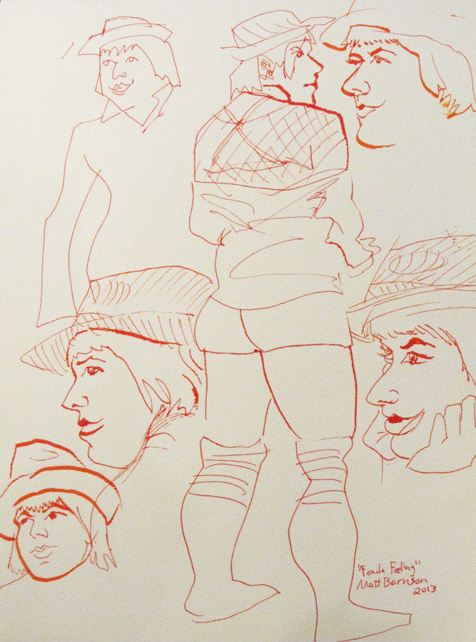 Drawings of Fonda Feeling done at Dr. Sketchy&rsquo;s Boston.  ink/watercolor