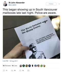 allthecanadianpolitics: patroclusgf:  emmasgf:   allthecanadianpolitics:  Apparently Nazi propaganda has been showing up in Vancouver, Canada this week.   there’s gonna b a white supremacist rally in front of city hall this weekend. everyone stay safe