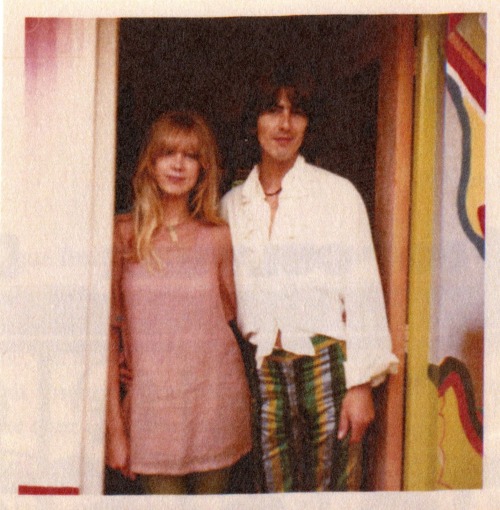 George Harrison and Pattie Boyd standing at the door of Kinfauns in Esher, England. (1968) Photos by