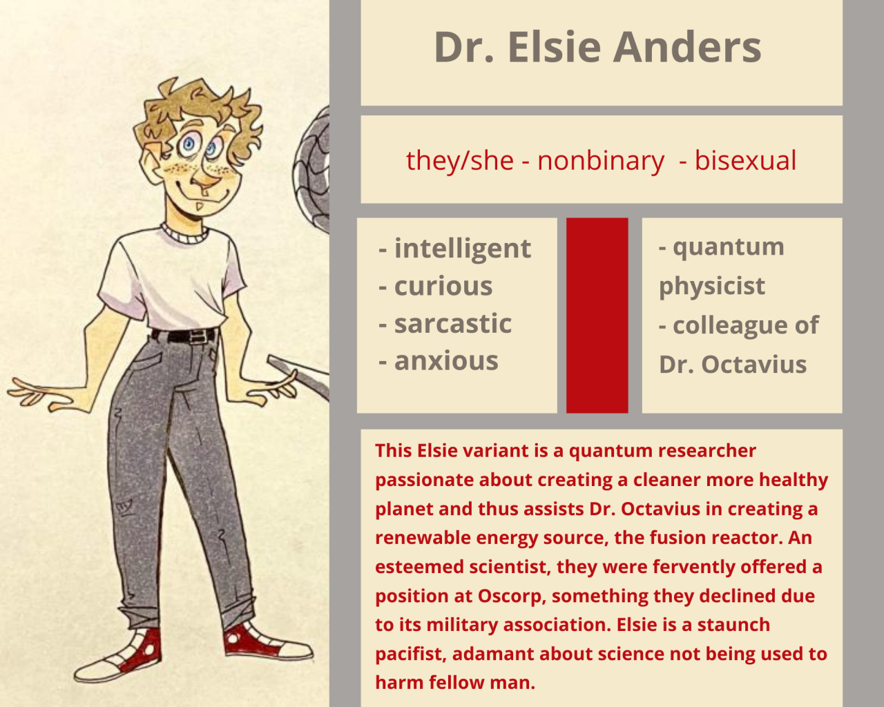 NEW SELF INSERT DROPPED FOR OTTO AND NORMAN!!!!---------------------*in my AU, Rosalie and Otto never get married but remain friendly*---------------------  Graduating university at an early age, Elsie, much like MCU!Elsie, is a prodigy in their own right. They diverge slightly from MCU!Elsie, where instead of astrophysics and cosmology, they pursue quantum physics. This Elsie also has more of a moral compass than her prime counterpart, passionate about the environment and the impact humanity has on its host planet, Earth. They get involved with Dr. Otto Octavius, who is an esteemed nuclear physicist, and avid researcher of sustainable energy alternatives. The two begin to collaborate and eventually, together, develop the Fusion Reactor. During the years leading up to this creation, Norman Osborn offered Elsie a position at his company, Oscorp several times. Despite their repeated denial of the offers, the two grew to be good friends. It was through Elsie that Otto and Norman, who were once college friends, began to reconnect. Elsie begins to develop feelings for both men, doing their damnest at attempting to flirt with each of them. Both Otto and Norman seemed to reciprocate, though it was with Otto that Elsie first confessed. After awhile, Elsie brought up the idea of including Norman, something which Otto initially was opposed to, but after a few outings with which to reconnect with the man, agreed to. Norman and Otto, both now dating Elsie, did not start out having romantic feelings for each other, but slowly they too fell in love with each other. (Time passes and Parker and Strange do a magical fucky wucky and NWH happens-)At some point in time during Spiderman NWH, Peter Parker + MJ and Ned find and bring back Elsie. Elsie, being essentially harmless, is a little offended to be locked up at first. Once the three are let out of their cells, they embrace, overjoyed to see each other again, especially in this strange new universe. The rest of the movie basically proceeds as canon with the addition of Elsie in their ofc lol #we could be the best kind of friends~  #