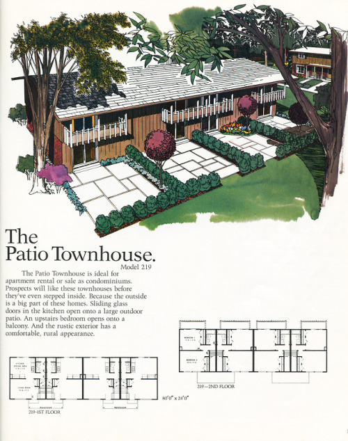 vintagehomeplans:United States, 1976: The Patio TownhouseA group of four two-story townhouses, each 