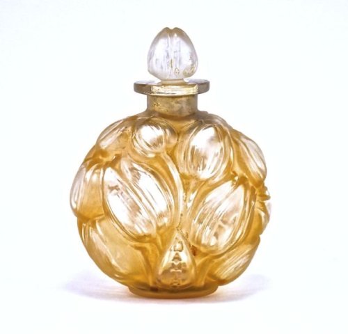1927 R. Lalique, Jay Thorpe Jaytho perfume bottle and stopper, frost glass, molded label, sepia pati