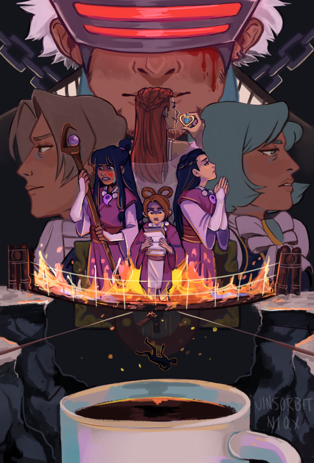 text id: a dramatic rendered drawing showing the main characters of the bridge to the turnabout. pearl is shown in the center holding the letters from her mother. behind her are maya and iris. maya is holding the staff elise deauxnim carried, with a distraught expression, and blood and tears on her face. iris is looking up solemnly to the sky, her hands together in prayer. behind them is dahlia hawthorne, back towards the viewer and you only see the side of her face. she is holding the heart bottle necklace. behind her are two large portraits of miles edgeworth and franziska von karma with serious expressions. and finally, looming over the whole scene is a large close up of godot with blood dripping from his mask. in the foreground of the drawing is the burning bridge, with a small silhouette of phoenix falling from it. he falls into a large cup of coffee like the ones godot drinks.