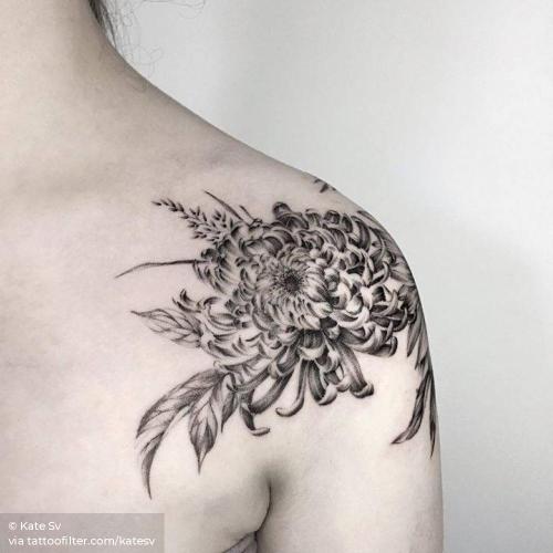 Tattoo tagged with: big, blackwork, chrysanthemum, facebook, flower,  illustrative, katesv, nature, shoulder, twitter 