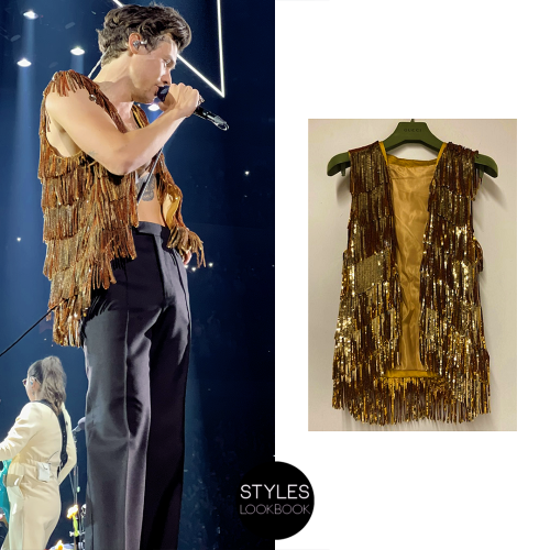 For his final Love On Tour show on Long Island, Harry wore a custom Gucci look featuring a gold sequ