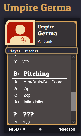 A screenshot from Terror Ball's website of (temporary) Al Dente pitcher Umpire Germa. They have a B+ pitching rating, with their individual stats being A Arm-Brain-Ball Cord, A- Zip, C Zop, and A+ Intimidation.