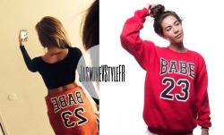 villegas-news:  On a new photo to instagram Jasmine a sweatshirt around the waist.  It is a red sweatshirt with writing in big black and white letter “BABE 23”.  This sweatshirt was obtained from Petals And Peacocks. And it costs ๊   Direct link