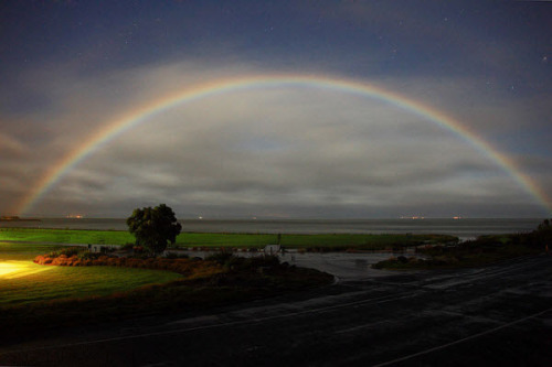 twloha:  Nighttime rainbows,  or lunar rainbows, are occasionally hard to see and even more difficult to capture on film. Long exposure photography has helped aid the untrained eye to find these hidden gems which happen when light reflects off of the