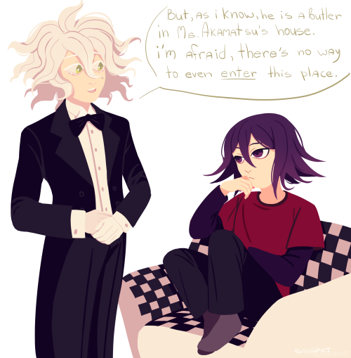 drew this for an AU me and my friend made . in which Kokichi is hitting on Rantaro, who works at Kae