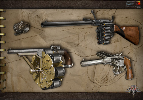 meckamecha: tyrannosaurus-rex:  bethany-anne-fisch:  tyrannosaurus-rex:   mindingmymonsters:  A sample of the great gun designs and selection from the Hard West video game. While some of these are insanely implausible, they are still a lot of fun and