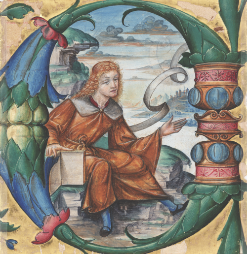 Inhabited initial C from a choir book showing Saint John on PatmosLombardy, ca. 1500; illuminator: M