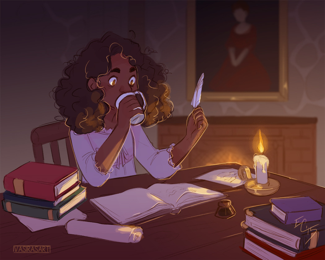 spoopyvasirasart:  Hermione burning the midnight oil for her studies click for better