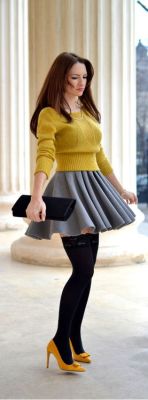 pleatedminiskirts:  Love the skirt, jumper and thigh highs! 