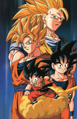 artbookisland:  Goku and his various hairstyles.Click