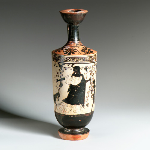 Terracotta Lekythos: Dionysos with a Satyr and GoatGreek, Attic; Classical, ca. 480 BCAttributed to 