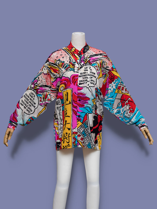 Kansai Yamamoto colorful comic print button-up shirt, 1980s.