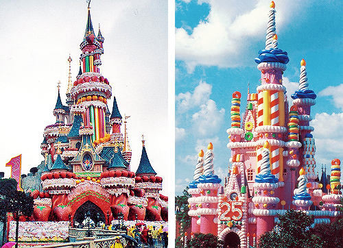 mickeyandcompany:  Disney castles and their special decorations for anniversaries