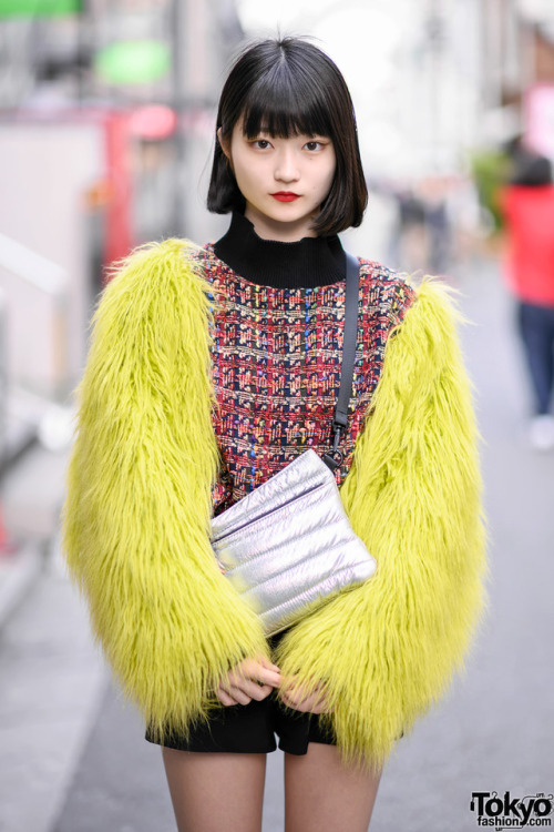 14-year-old Japanese student and aspiring model Kanade on the street in Harajuku wearing a shaggy fa