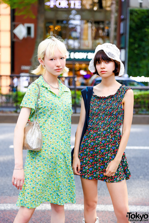 Tokyo models Ashley and Sofia wearing summer styles on the street in Harajuku with vintage floral dr