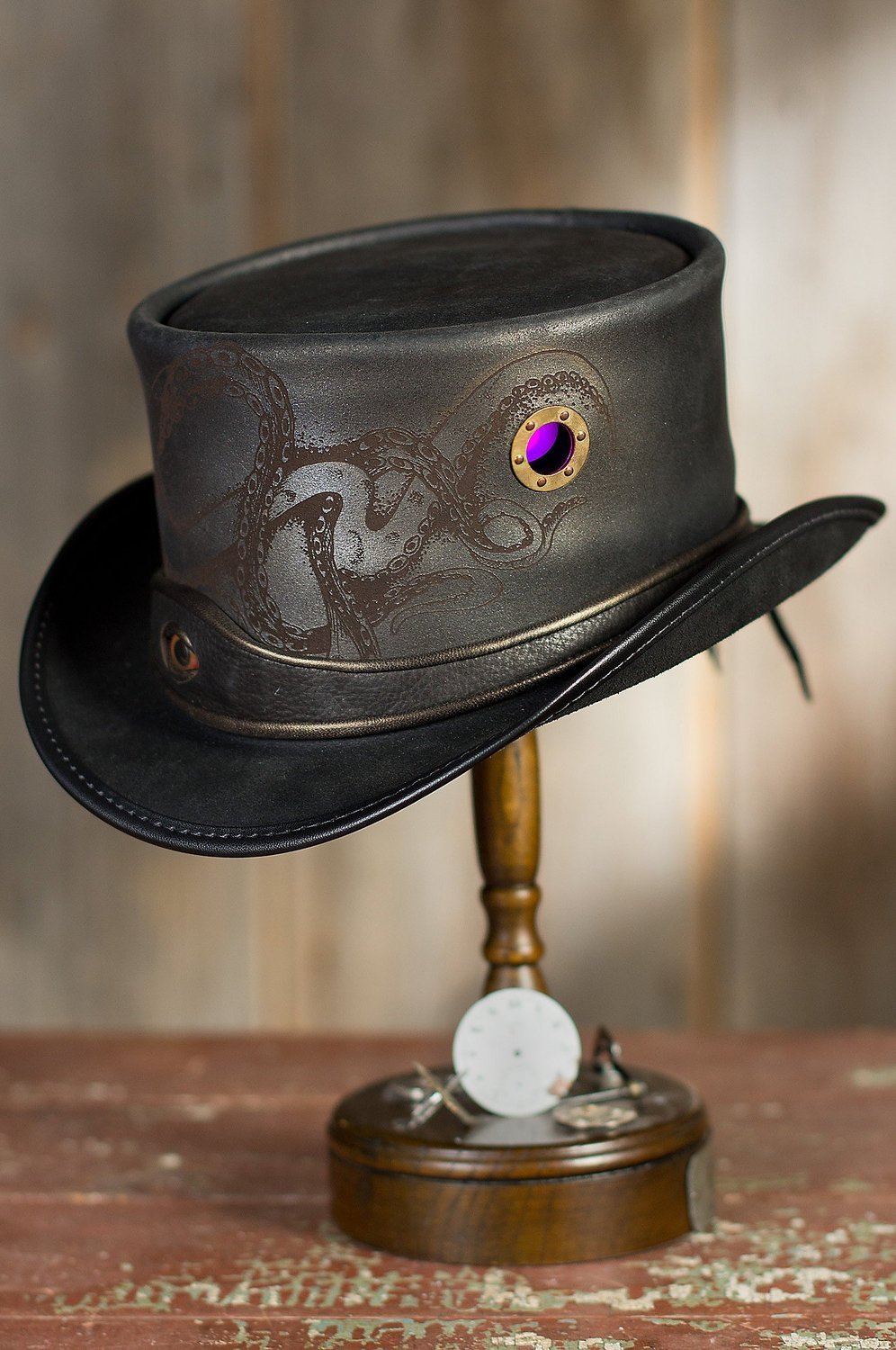steampunktendencies:    Made in U.S.A Steampunk Kraken Leather Top Hat by SteampunkHatter.com