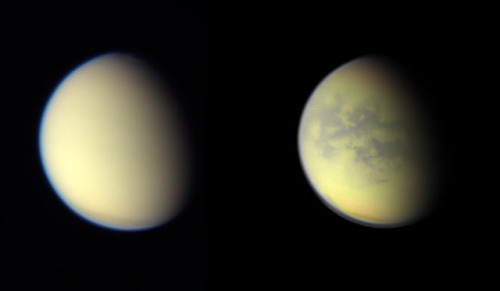 Images taken by the Cassini &amp; Voyager spacecraft of Titan, Saturn&rsquo;s largest moon. Titan is