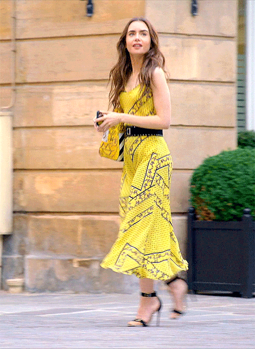 EVERY EMILY [IN PARIS] OUTFIT (5/??)Emily Cooper + HER YELLOW AND BLACK PRINTED SILK CAMI &amp; MIDI