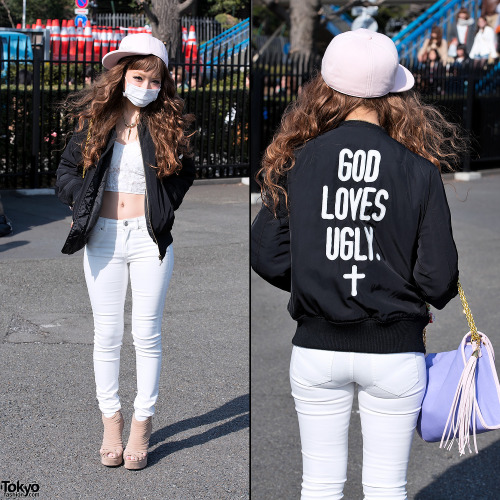 &ldquo;God Loves Ugly&rdquo; jacket on the street in Harajuku. She was on her way to Tokyo Girls Col