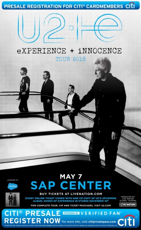 Just announced: U2 comes to the SAP Center at San Jose on May 7th. Tickets are on sale Monday, Novem