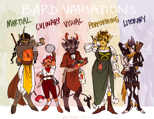 Some variations of bards based on different arts!! These are all NPCs in my setting hehe, the one fo