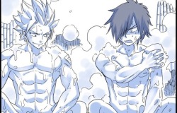 natsu-lucy-love8:  Mashima really out here becoming a LGBT icon, drawing two dudes admiring each other’s goods😂🌈