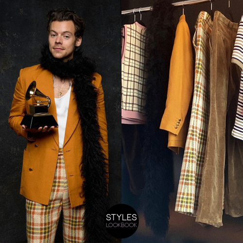 For his final look at the 2021 GRAMMYs, Harry wore a custom Gucci oversized jacket with check tweed 