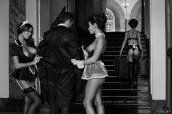 submissive-housewife:  When I was single I used to fantasize about serving a man like this with other women. We would all be forced to wear degrading uniforms - tits and ass exposed, heels, aprons, etc. He would bring clients over, and we would have to