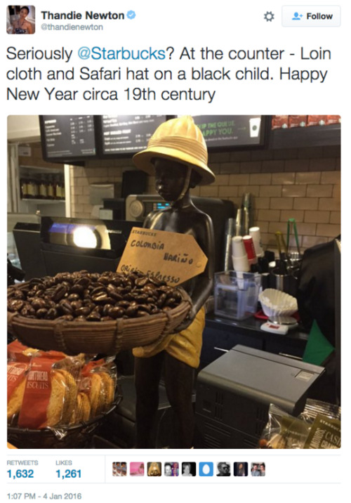 thechanelmuse:  mysubmissivekisses:  dedicationsthekey:  thechanelmuse:  This display statue of an Afro-Colombian boy dressed in loincloth and a safari hat while holding a basket of coffee beans was at a Starbucks located in the Soho section of London. 