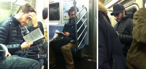 dailygyllenhaals:Jake Gyllenhaal riding the subway“Today I witnessed Jake Gyllenhaal drop his bagel 