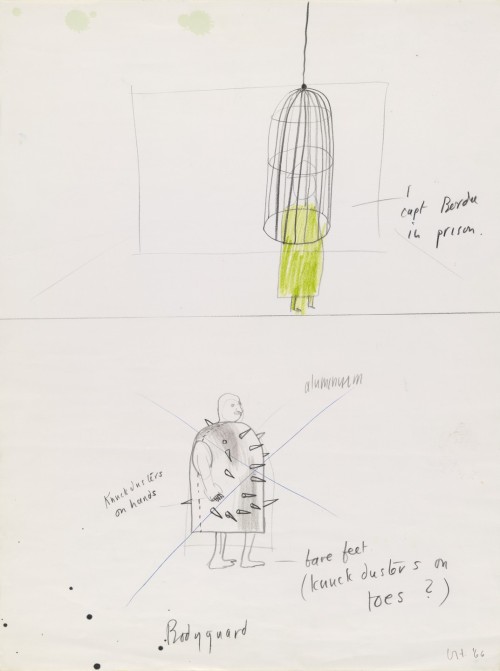 Captain Bordure in prison and Bodyguard (crossed out). Costume designs for the play Ubu Roi, David H