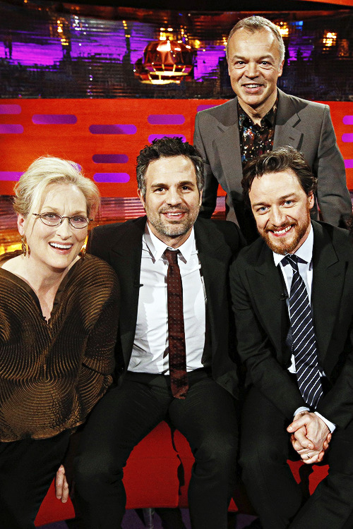  Meryl Streep , Mark Ruffalo, and James McAvoy during filming of the Graham Norton