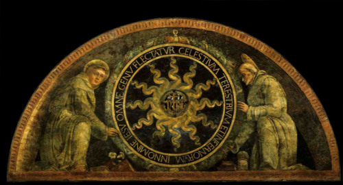 artist-mantegna: Saint Anthony of Padua and St. Bernardine of Siena presenting the monogram of Chris