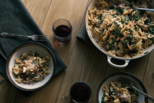 farfelle, pancetta, and kale